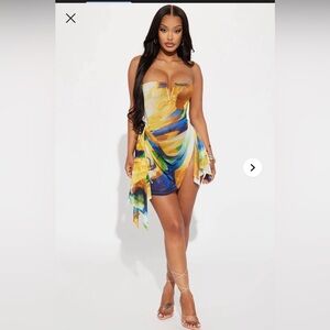 Fashion Nova Strapless Dress in Yellow, Blue, and Orange